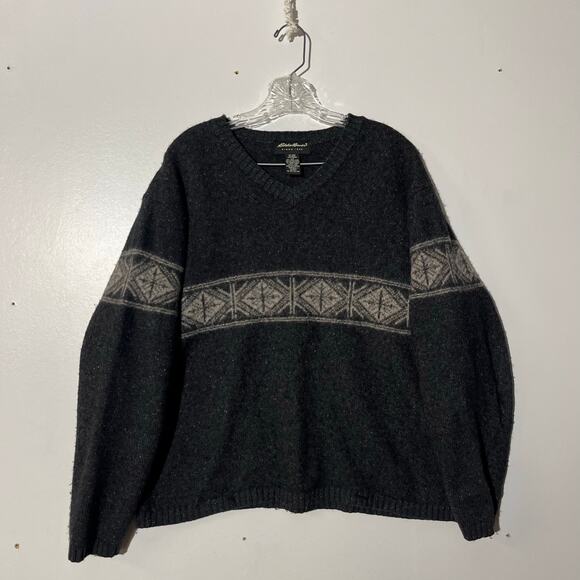 Eddie Bauer Since 1920 Nordic Black Wool Blend V Neck Pullover Sweater Mens L - Picture 1 of 6